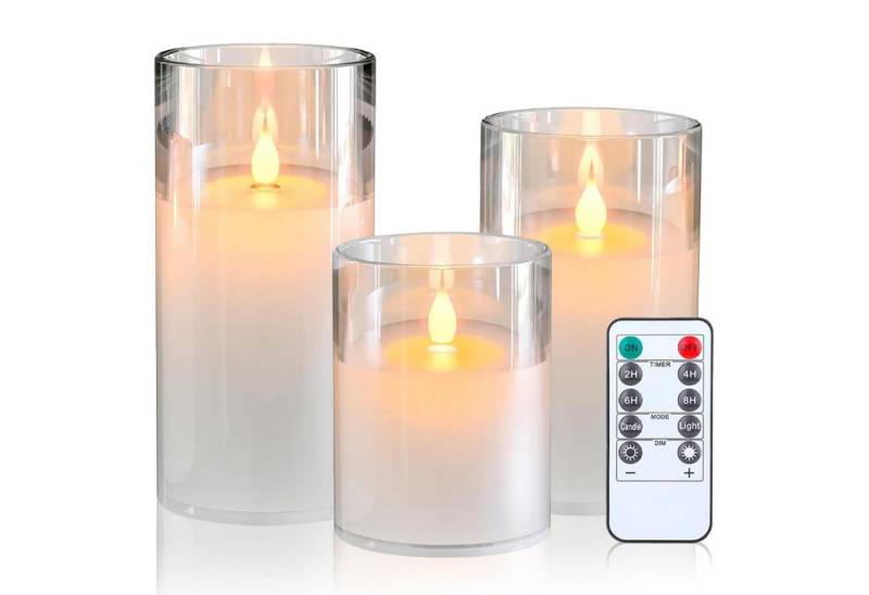 RWEUOQ LED-Kerze 3er Set LED-Kerze mit Fernbedienung Timer Funktion 3D-Docht Flackernd (Flammenlose LED-Kerzen mit Fernbedienung und Timer, 3-tlg., Kerzen in 3 Größen (7,6 x 10,1 cm, 7,6 x 12,7 cm, 7,6 x 15,2 cm), Sicher, unzerbrechlich, batteriebetrieben, ohne Wachs und Rauch von RWEUOQ