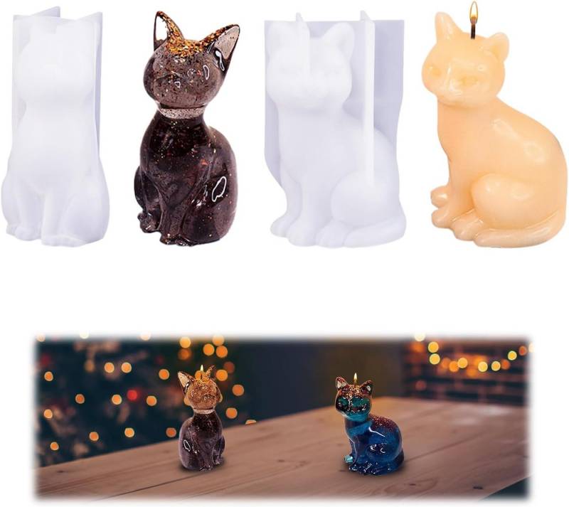RWEUOQ Modellierwerkzeug 2 Stück 3D Kerzen Silikonform Gießform Katze Silikonform, (2 St), DIY Kristallkleber Aromatherapie Silikonformen Kerzen für Seife von RWEUOQ