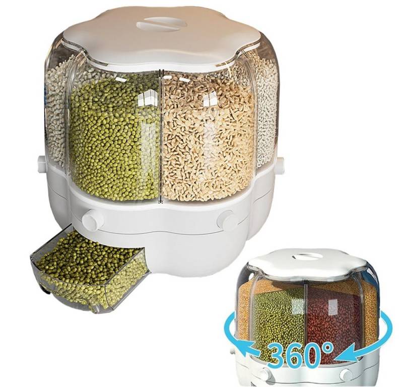 RWEUOQ Müslispender Küche Behälter Frischhaltedose 360°Drehung 6 Fach 6.5kg Tragfähigkeit, (Getreidespender mit 6 Fächern für Trockenfutter-Aufbewahrung., Enthält einen Spender mit 6 Fächern und separaten Entnahmeknöpfen), BPA-frei, 6,5 kg Kapazität, transparent, leicht zu reinigen. von RWEUOQ