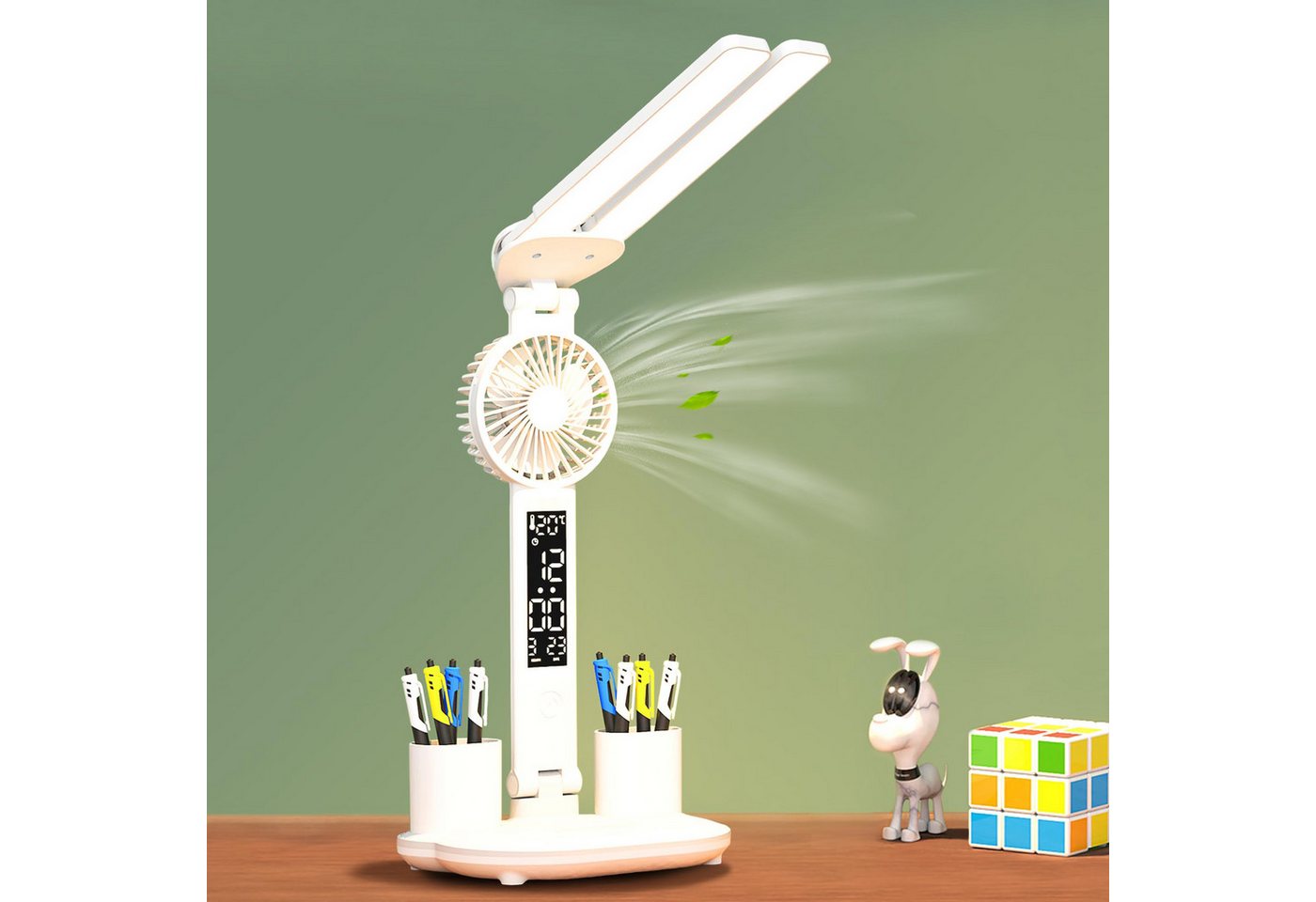 RWEUOQ Schreibtischlampe Faltbare 4-in-1 Tischlampe Touchdimmbar Nachttischlampe mit Ventilator, 3 Modi stufenlos dimmbar mit Lüfter, Uhr, Stifthalter, USB-Anschluss, LED-Schreibtischlampe Doppelschwenkarm, Ventilator & 3200 mAh Akku von RWEUOQ