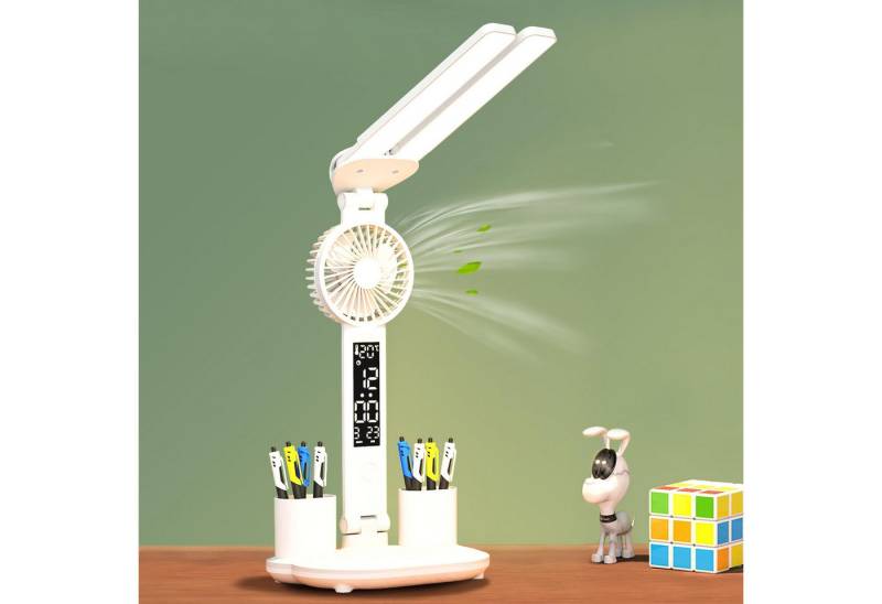 RWEUOQ Schreibtischlampe Faltbare 4-in-1 Tischlampe Touchdimmbar Nachttischlampe mit Ventilator, 3 Modi stufenlos dimmbar mit Lüfter, Uhr, Stifthalter, USB-Anschluss, LED-Schreibtischlampe Doppelschwenkarm, Ventilator & 3200 mAh Akku von RWEUOQ