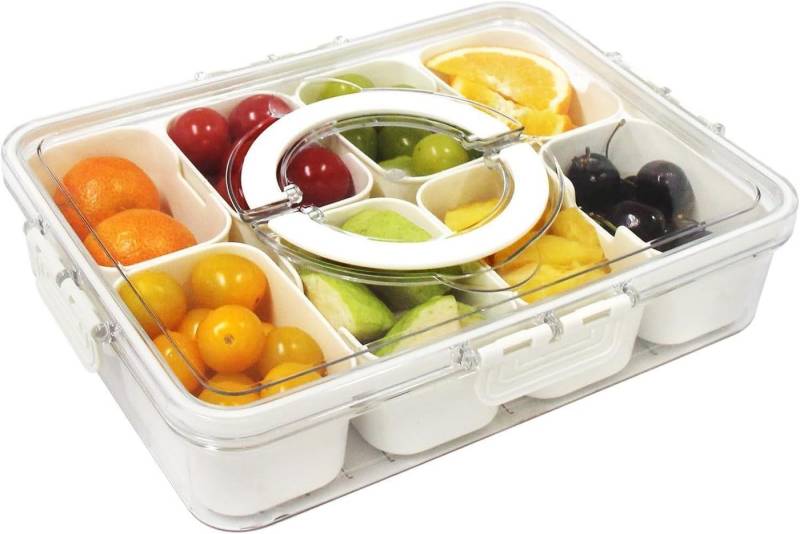 RWEUOQ Servierplatte Snack Aufbewahrungsbox Rechteckig Snackbox Schalen Platte, (Snackteller mit 4 fächern,Snacktablett Organizer Snack-Platten, 1-tlg., Transparenter Snackboxen Organizer 28*21*6.5cm), für Süßigkeiten, Nüsse, Snacks, Obst, Gewürze von RWEUOQ