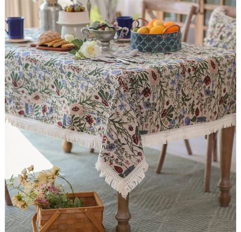 RWEUOQ Tischdecke Tischdecke Retro kleine Blumendruck Haushalt Waschbare Farbweberei, TulpenTischdecke aus Baumwolle mit Makramee-Spitze Sofabezug Mehrzweck von RWEUOQ