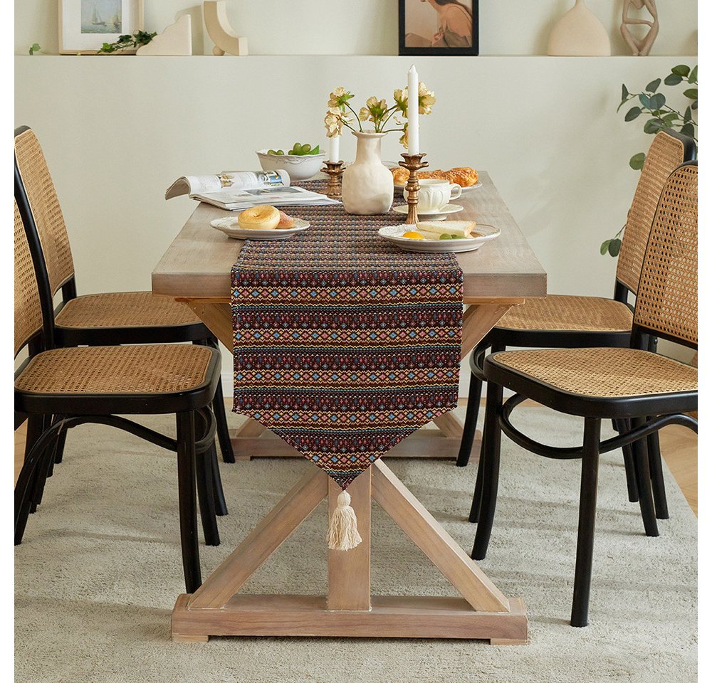 RWEUOQ Tischläufer Tischläufer Retro Jacquard Tischfahne mit Quasten (Tischdecke Leinenoptik, Abwaschbar 1-tlg, Bunter Vintage Moderner Tischläufer), Tischdekoration für Esstisch, Couchtisch, Hochzeit, Verlobung, Küche von RWEUOQ