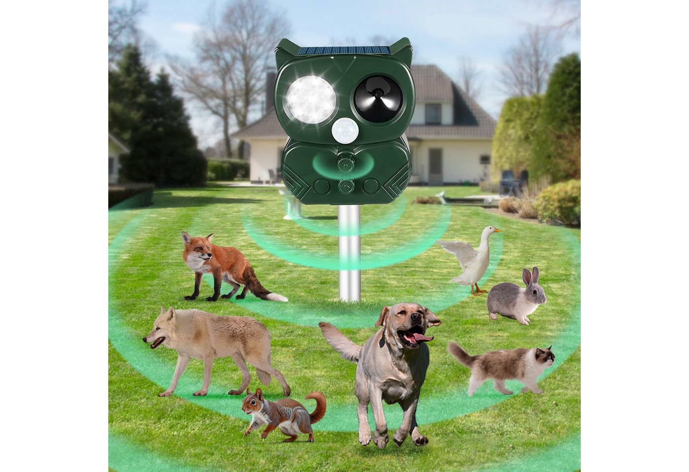 RWEUOQ Ultraschall-Tierabwehr Ultraschall Tiervertreiber Katzenabwehr, Solar Katzenschreck, Solar Katzenvertreiber, Maulwurf-Vertreiber Ultraschall Wühlmäuse, 5 Modi 1-tlg., mit Sensor und Starkes Blinken, IP65 Wasserdicht, mit Solarpanel und Akku, für Drauen Garten und Haus von RWEUOQ