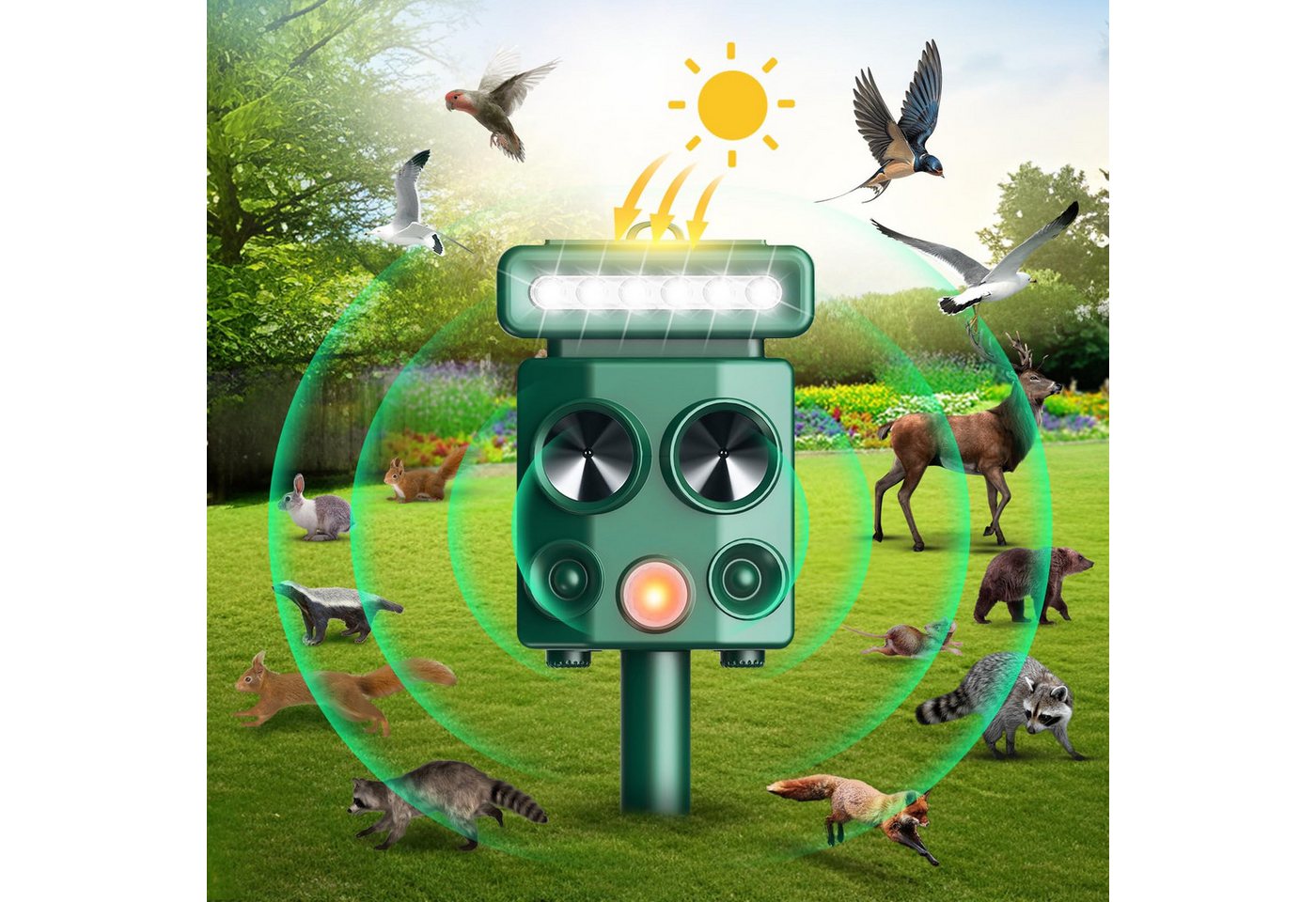 RWEUOQ Ultraschall-Tierabwehr Ultraschall Tiervertreiber Katzenabwehr, Solar Katzenschreck, Solar Katzenvertreiber, Maulwurf-Vertreiber Ultraschall Wühlmäuse mit Bewegungsmelder und Blinklicht 1-tlg., 5 Modi Ultraschall Tiervertreiber für Katzen, Hunde, Wildtiere, mit Solarpanel und Akku, für Drauen Garten und Haus RWEUOQ Ultraschall-Tierabwehr Ultraschall Tiervertreiber Katzenabwehr, Solar Katzenschreck, Solar Katzenvertreiber, Maulwurf-Vertreiber Ultraschall Wühlmäuse mit Bewegungsmelder und Blinklicht 1-tlg., 5 Modi Ultraschall Tiervertreiber für Katzen, Hunde, Wildtiere, mit Solarpanel und Akku, für Drauen Garten und Haus von RWEUOQ