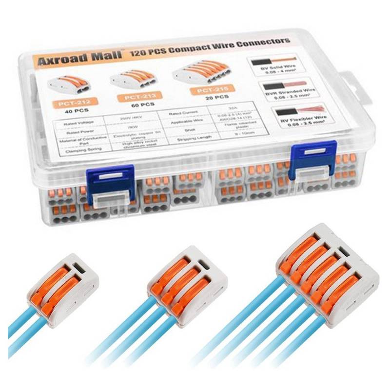 RWEUOQ Verbindungsklemme Compact Steckverbinder, 120 Stück Kompakte Verbindungsstücke 3-IN-1, Kompakte Steckverbinder mit Hebelmechanismus, 120 Stück, 120-tlg., Einfach zu bedienen, keine Werkzeuge, für 28-12 AWG Kabel, Flammhemmend, isolierend, langlebig, wartungsfreundlich von RWEUOQ