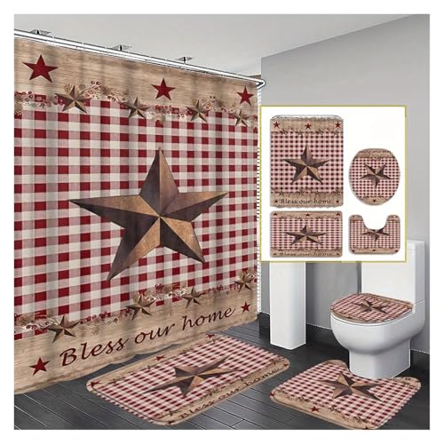 4 Stücke Plaid Fünfzackigen Stern Vorhang Dusche Vorhang Dekoration Schöne Housewarming Geschenk Moderne Bad Matte Anzug Dekoration(140x200cm curtain) von RWFRKABNK