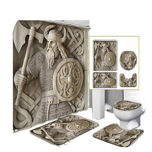 4-teiliges Duschvorhang-Set Mit Nordischem Handschild, Wikinger-Krieger, Reliefmuster, Badezimmervorhänge, Dekorative Badezimmerdusche(250x180cm curtain) von RWFRKABNK