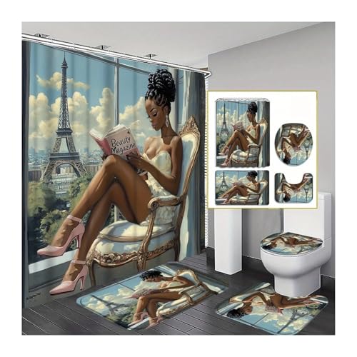 4-teiliges Duschvorhang-Set Mit Romantischem Stadt-Paris-Mode-Persönlichkeits-Mädchen-Muster, Badezimmervorhang, Badezimmerdekor, Bodenmatte(140x200cm curtain) von RWFRKABNK