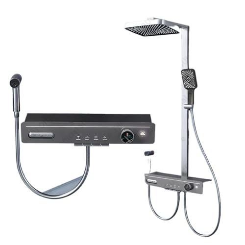 Digitale Temperaturanzeige Duschset Druckmassage-Duschsystem Multimodus-Duschkopf Handbrause Badezimmerzubehör(Grey Thermostatic) von RWFRKABNK