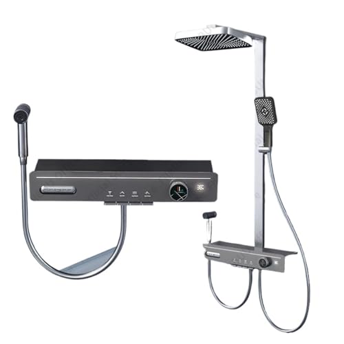 Digitale Temperaturanzeige Duschset Druckmassage-Duschsystem Multimodus-Duschkopf Handbrause Badezimmerzubehör(Grey hot and cold) von RWFRKABNK
