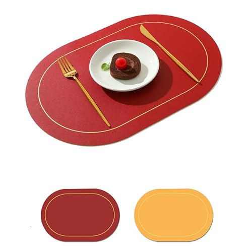 RWGSNB Platzset, 6Er Set Tischsets Doppelseitige Tischsets und Untersetzer Aus Leder Waschbar Ovale Form Tischsets und Untersetzer Aus Leder Hitzebeständig und rutschfest Weinrot von RWGSNB
