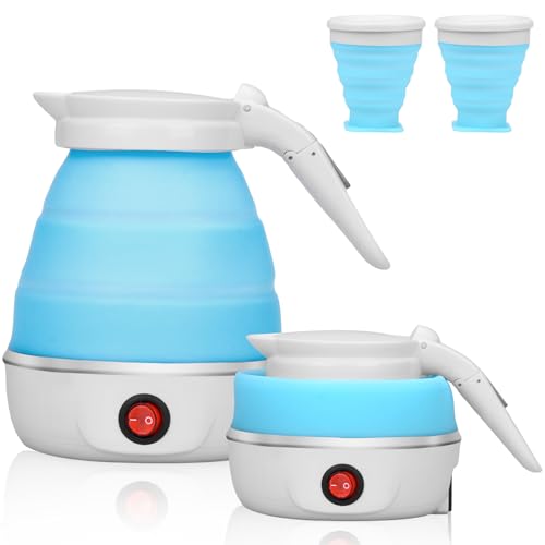 Kieselgel Faltbarer Wasserkocher Elektrisch Reisewasserkocher Mini Wasserkocher Kommt mit Zwei Silikonbechern Camping Wasserkocher Faltbarer Wasserkocher0.6L（Blau） von RWSRW