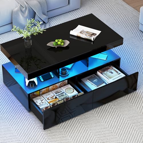 RWUDV Couchtisch Schwarz mit LED-Beleuchtung, Moderner Wohnzimmertisch, Beistelltisch Hochglanz mit Offenem Ausstellungsregal und 2 Ausziehbaren Schubladen, Kaffeetisch Sofatisch für Wohnzimmer von RWUDV