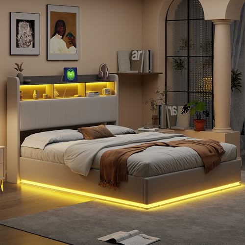 RWUDV Funktionsbett 160x200 cm Stauraum-Kopfteil Bett mit Aufladen Polsterbett Hydraulisch Stauraumbett Polsterbett mit LED-Beleuchtung Doppelbett mit Lattenrost ohne Matratze (Weiß-140x200cm) von RWUDV