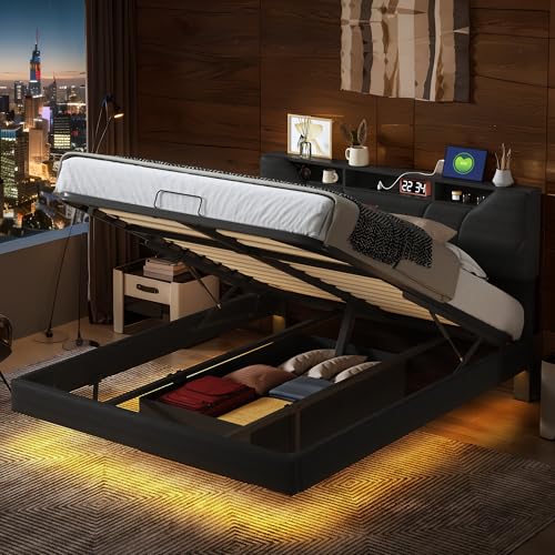 RWUDV Polsterbett 160x200cm mit LED und USB, Doppelbett mit LED Kopfteil, Jugendbett mit Stauraum und Lattenrost, Stauraumbett Funktionsbetten Rückenlehne Bettrahmen (PU-Schwarz-a, 140x200cm) von RWUDV
