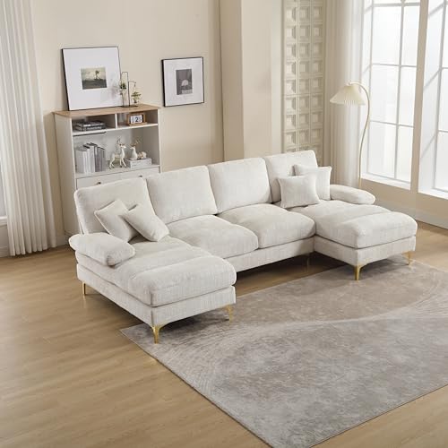 RWUDV U-Form Sofa Couch mit Chaiselongue, 4 Sitzer Ecksofa mit Schlaffunktion, Großes Sektionssofa mit Doppelten Liegesitzen, Polstersofa Eckcouch Schlafcouch mit Kissen, Chenille-Stoff von RWUDV