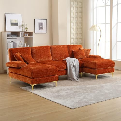 RWUDV U-Form Sofa Couch mit Chaiselongue, 4 Sitzer Ecksofa mit Schlaffunktion, Großes Sektionssofa mit Doppelten Liegesitzen, Polstersofa Eckcouch Schlafcouch mit Kissen, Chenille-Stoff von RWUDV