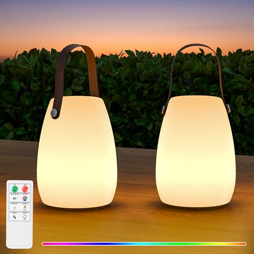 RWWR 2 Stück LED Outdoor Lampe Tischlampe Klein Kabellos Tischlampe 8 Farben Akku Tischleuchte Dimmbar mit Fernsteuerung IP44 für Camping Garten Balkon Terrasse (Trompete-Leder-Tragegriff) von RWWR