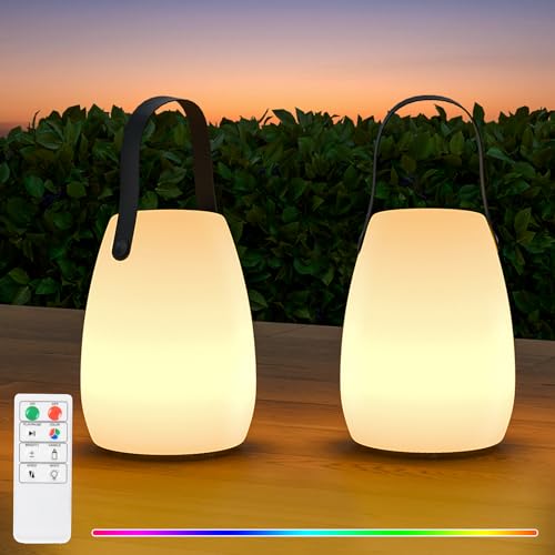 RWWR 2 Stück LED Outdoor Lampe Tischlampe klein Kabellos Tischlampe 8 Farben akku tischleuchte Dimmbar mit Fernsteuerung IP44 für Camping Garten Balkon Terrasse(Trompete-Silikon-Tragegriff) von RWWR
