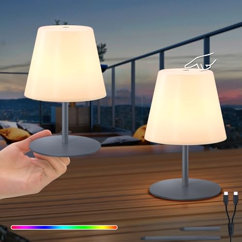 RWWR 2er Set LED Akku Tischlampe kabellos Mini Kleine dimmbar 8 Farben USB-C aufladbar Tischleuchte Outdoor/Indoor für Wohnzimmer Balkon Patio Terrasse (Grau, Touch-Schalter) von RWWR