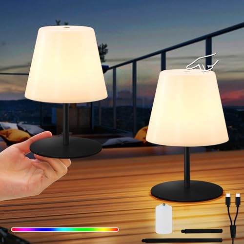 RWWR 2 Stück Tischlampe Kabellos Mini Tischlampe Kleine Dimmbar Warmweißes und 7 Farben TYP-C Aufladbar Akku Tischlampe Outdoor für Schlafzimmer Balkon Patio Terrasse (Schwarz, Touch-Schalter) von RWWR