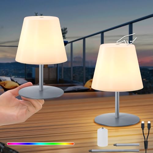 RWWR 2 Stück Tischlampe Kabellos Mini Tischlampe Kleine Dimmbar Warmweißes und 7 Farben TYP-C Aufladbar Akku Tischlampe Outdoor für Schlafzimmer Balkon Patio Terrasse (Silbrig, Touch-Schalter) von RWWR