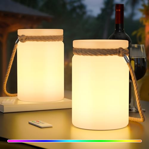 RWWR 2er Pack LED Akku Lampe Tischlampe Outdoor kabellos Warmweiß und RGB USB-C Tischleuchte für Terrasse Esstisch Garten Balkon von RWWR
