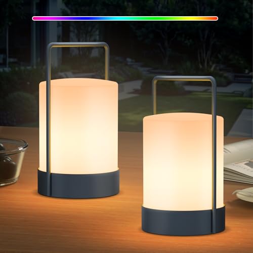 RWWR 2er Set LED Akku Lampe Tischlampe Outdoor kabellos Warmweiß und RGB USB-C Aufladung Tischleuchte für Terrasse Esstisch Garten Balkon Camping von RWWR
