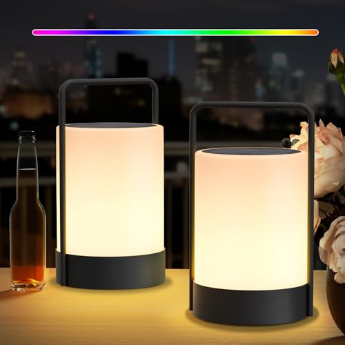 RWWR 2er Set LED Solar Tischlampe Outdoor 2-in-1 Aufladung Tischlampe kabellos Akku Tischleuchte aufladbar 8 Farben IP44 für Camping Garten Balkon Terrasse von RWWR