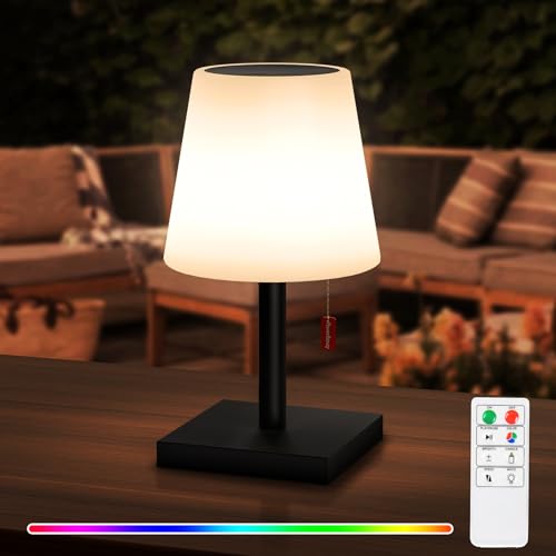 RWWR LED Solar Tischlampe Outdoor 2-in-1 Aufladung Tischlampe Kabellos Tischlampe Akku mit Fernsteuerung 8 Farben Dimmbar IP44 für Camping Garten Balkon Terrasse (Schwarz) von RWWR