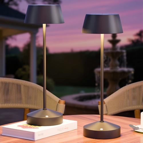 RWWR Solar Tischlampe LED 2er-Pack Outdoor 3000K Touch-Schalter 2-in-1 Aufladung Tischlampe kabellos Akku Tischleuchte aufladbar dimmbar IP44 für Camping Garten Balkon Terrasse​ von RWWR