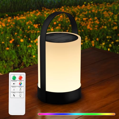 RWWR Solar Tischlampe Outdoor LED 2-in-1 Aufladung LED tischleuchte Akku Tischlampe kabellos mit Fernsteuerung 8 Farben Dimmbar IP44 für Terrasse Camping Garten Balkon (B) von RWWR