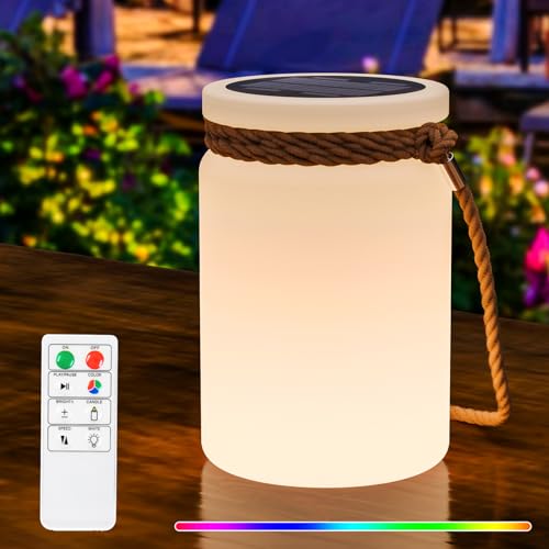 RWWR Solar Tischlampe Outdoor LED 2-in-1 Aufladung LED tischleuchte Akku Tischlampe kabellos mit Fernsteuerung 8 Farben Dimmbar IP44 für Terrasse Camping Garten Balkon (A) von RWWR