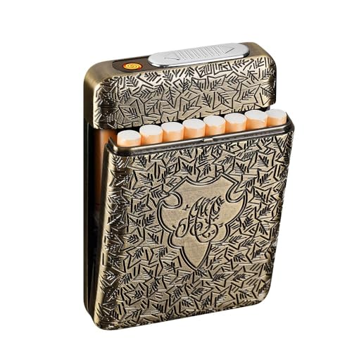 Zigarettenetui mit Feuerzeug Zigarettenbox Elektronisches Integriertem Flammenlose Feuerzeug Aufladbar 16 Stück 84mm King Size Zigaretten Zigarettenschachtel RetroBronze von RWXCOW