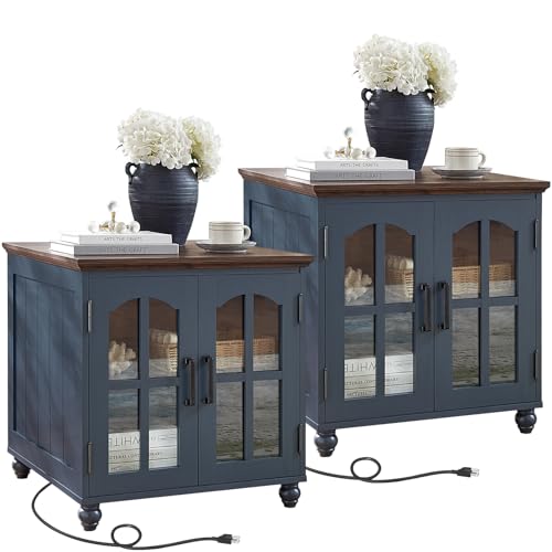 RWYHG Farmhouse Beistelltisch mit Ladestation, großer Sofa-Beistelltisch mit Glas-Scheunentür, Nachttisch aus Holz mit verstellbarem Ablagefach, quadratischer Nachttisch für Wohnzimmer, Schlafzimmer RWYHG Farmhouse Beistelltisch mit Ladestation, großer Sofa-Beistelltisch mit Glas-Scheunentür, Nachttisch aus Holz mit verstellbarem Ablagefach, quadratischer Nachttisch für Wohnzimmer, Schlafzimmer von RWYHG