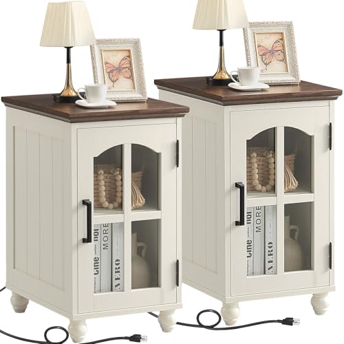 Schmaler Beistelltisch, 2er-Set, weißer Nachttisch mit Ladestation, Beistelltisch mit Glas-Scheunentür-Aufbewahrung, Schrank-Organizer mit verstellbarem Regal, Nachttisch für kleine Räume, Wohnzimmer Schmaler Beistelltisch, 2er-Set, weißer Nachttisch mit Ladestation, Beistelltisch mit Glas-Scheunentür-Aufbewahrung, Schrank-Organizer mit verstellbarem Regal, Nachttisch für kleine Räume, Wohnzimmer von RWYHG