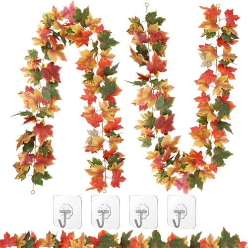 RXKFIGX 2 Stück Künstliche Ahornblatt Girlande,Künstliche Herbst Herbst Ahornblatt, Hängepflanze Party Kamin Dekoration unechte Herbstlaub für Drinnen Draußen Halloween Erntedankfest Kamin Dekoration von RXKFIGX