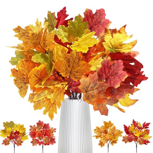 RXKFIGX 4 Bündel Herbstzweige Ahorn Blätte Kunstblume Deko, Künstliche Herbstblumen Herbstdeko Herbststrauß Künstlich Eukalyptus, Herbst Deko für Erntedankfest Halloween Deko Herbstdeko von RXKFIGX