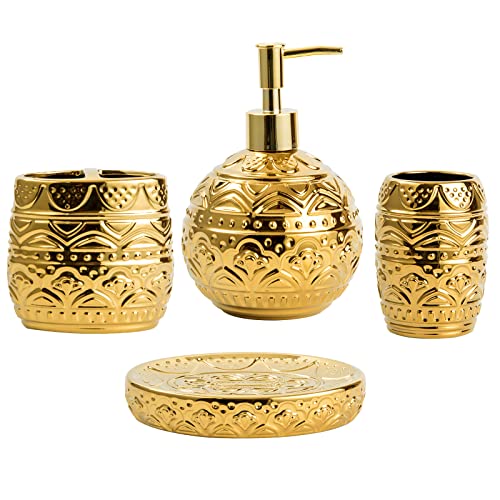 Badezimmer-Zubehör-Set komplett, luxuriöses Präge-Badezubehör für Zuhause, 4-teiliges Badzubehör-Set mit goldenem Seifenspender, Zahnbürstenhalter, Zahnbecher und Seifenschale. Gold. von RXLVCKY