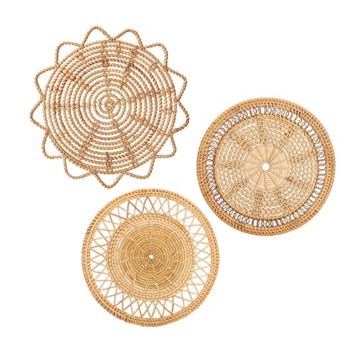 RXMORI Boho Wandkorb Dekor, Set von 3 Hängekörben, natürlich gewebte flache Körbe, runde Weidenkörbe, Wandkunst, handgefertigter rustikaler Wandkorb für Heimdekoration, 30cm-30cm-33cm von RXMORI