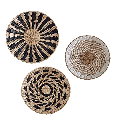 RXMORI Boho Wandkorb Dekor Set mit 3 handgefertigten, gewebten Rattan-Wandplatten, runde flache Weidenkörbe für Wohnzimmer Schlafzimmer, 25cm-30cm-35cm von RXMORI