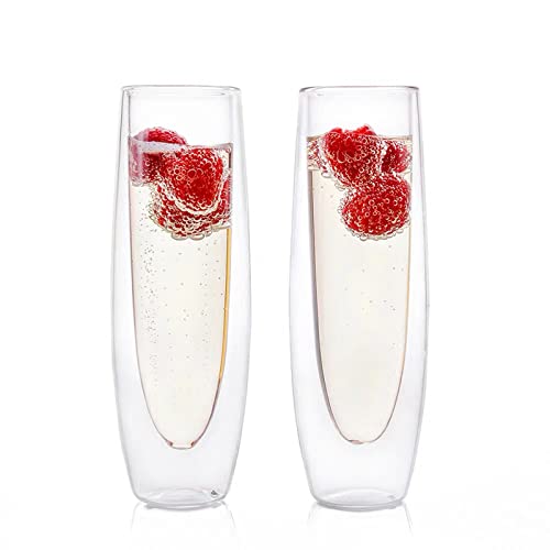 RXMORI Doppelwandige Champagnerflöte, Set aus 2 Champagnergläsern ohne Stiel, 150 Ml Champagnergläser für Catering, Hochzeiten, Partys, Bars, Familientreffen(Transparent) von RXMORI