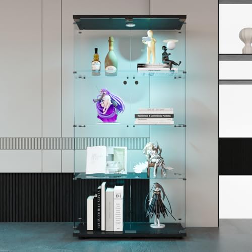 RXMORI Glasvitrine Standvitrine,4 Lagen Glas Vitrine Sammlervitrine Vitrinenschrank,LED Glasvitrine Schrank mit Türen und Schloss,Wohnzimmer Vitrine (2 Türen, Schwarz A) von RXMORI