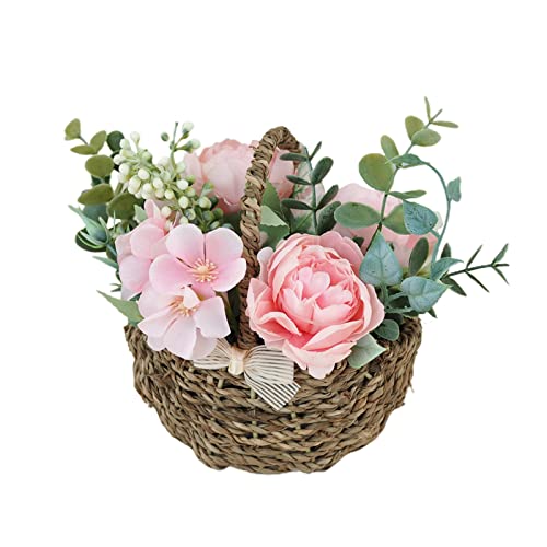 RXMORI Künstliche Blume Im Korb, Lebendige Dekorative Kunstblumen Im Topf für Heimdekoration, Rattan-gewebter Hochzeits-Blumenmädchen-Korb für Hochzeitszeremonie-Zubehör(Rosa) von RXMORI