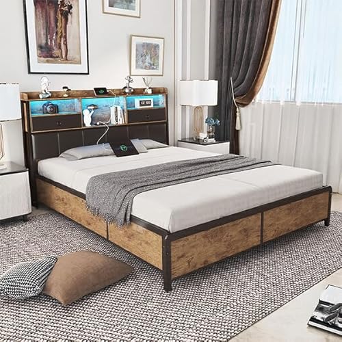 RXMORI Metallbett Doppelbett 140x200 cm mit LED-Beleuchtung und USB-Aufladung, 4 Schubladen & Kopfteil, Polsterbett mit Lattenrost und Metallbettgestell,Industrielles Bett,Teenagerbett von RXMORI
