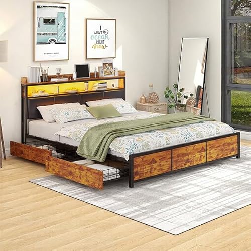 RXMORI Metallbett Doppelbett 160x200 cm mit LED-Beleuchtung und USB-Aufladung, 4 Schubladen & Kopfteil, Polsterbett mit Lattenrost und Metallbettgestell,Industrielles Bett,Teenagerbett von RXMORI