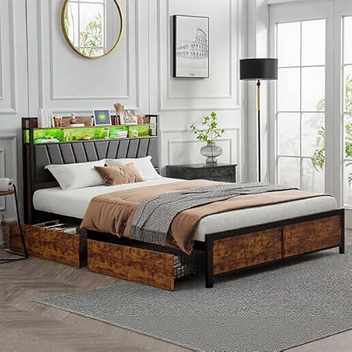 RXMORI Metallbett Doppelbett 160x200 cm mit LED-Beleuchtung und USB-Aufladung, 4 Schubladen & Kopfteil, Polsterbett mit Lattenrost und Metallbettgestell,Industrielles Bett,Teenagerbett von RXMORI