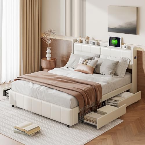 RXMORI Polsterbett 140x200 cm,Bett mit Schublade, Kopfteil mit USB-Ladefunktion, Doppelbett mit Stauraum und Lattenrost, Jugendbett Stauraumbett Funktionsbett Bettgestell (140 x 200 cm B) von RXMORI